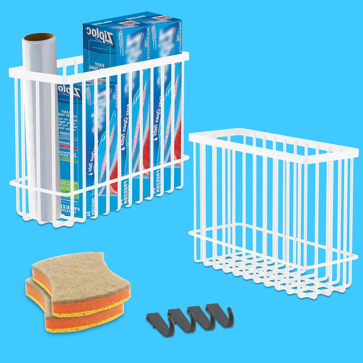 Cabinet Door Organizer Basket 2 Pack, Foil and Plastic Wrap Organizer with 2 Sponges, Lid Organizers Inside Cabinet, Metal Basket for Kitchen Organizers and Storage, Utility, Black (Medium,Large)