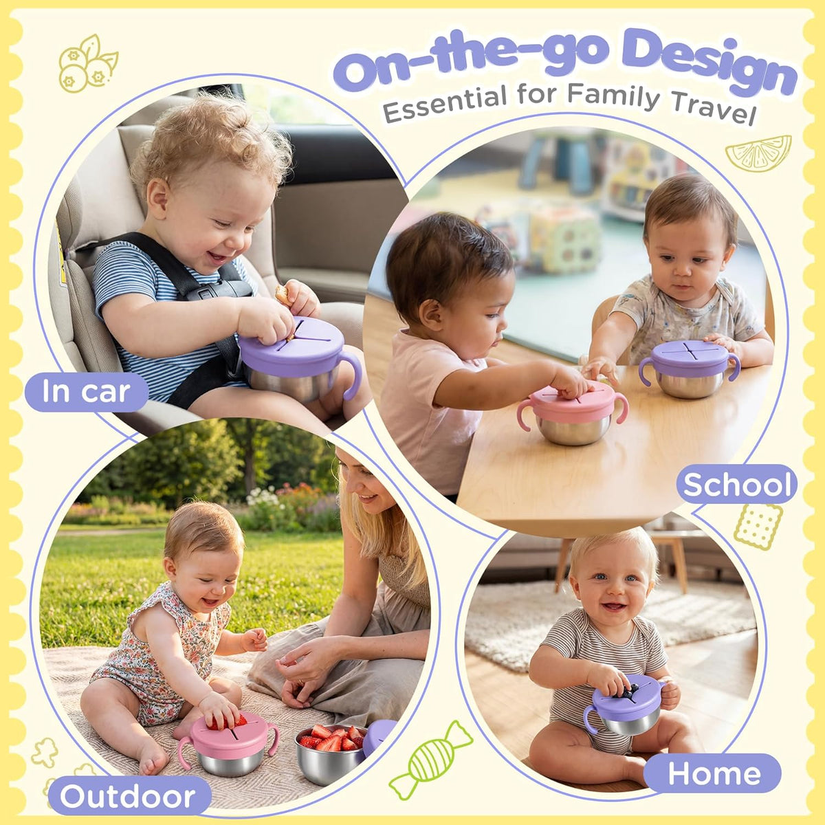 Snack Cups, 2 Pack Stainless Steel Toddler Snack Containers, Spill-Proof Snack Bowls, Silicone Removable Lids & Handles, Food Storage Containers, Dishwasher Safe Snack Container, Baby Shower Gifts