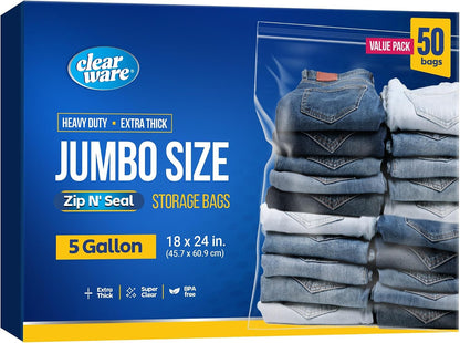 12 Large Storage Bags With Zipper Top - 5 Gallon Bags 18" x 24", Extra Large Plastic for Clothes, Travel, Moving, Large Reusable freezer bags, BPA-Free, 2-mil Thick