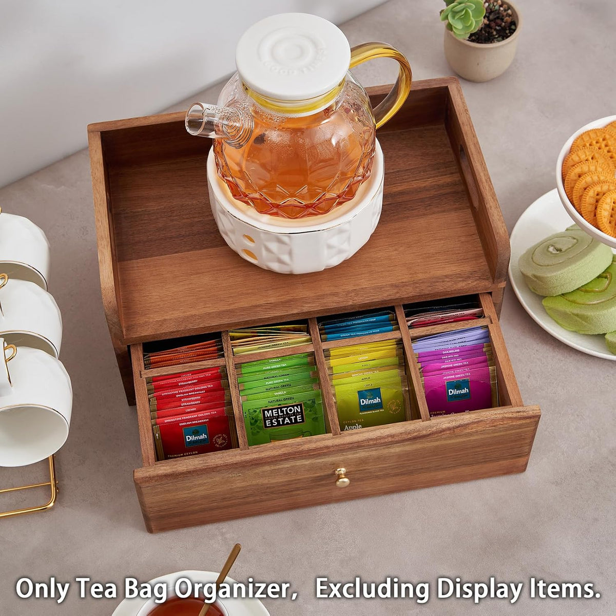 SARUFO Acacia Wood Tea Bag Organizers, Tea Packet Storage Boxes, 8-Compartment Tea Caddy for Tea Bags Chest, Teabag Holder Containers, Teabox Station Display