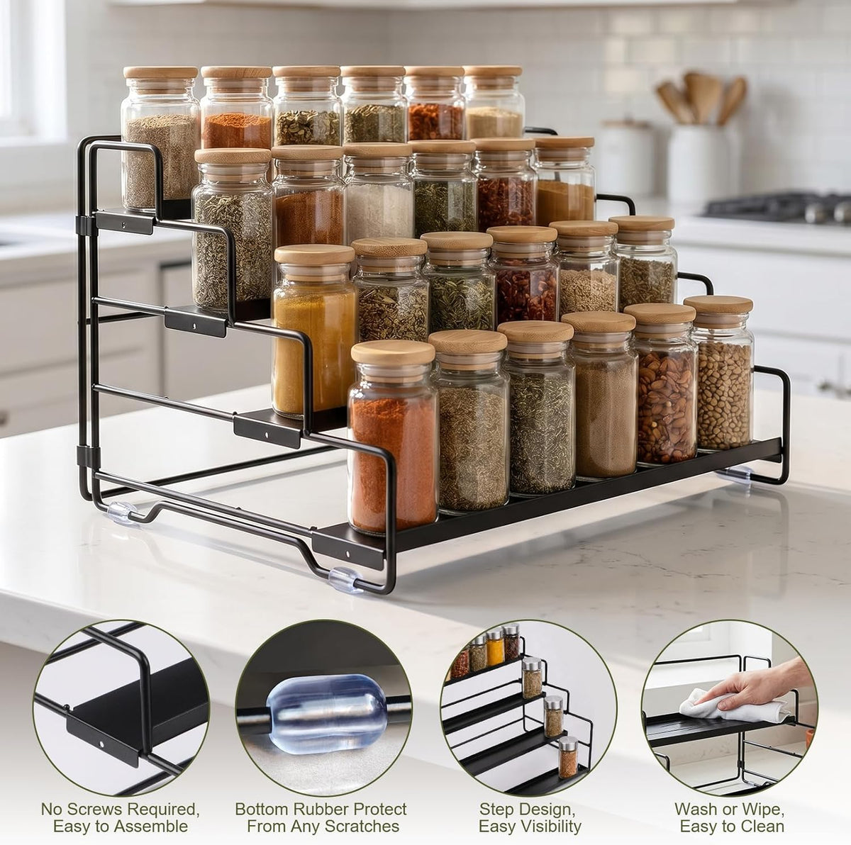 Spice Rack Organizer for Cabinet, Tiered Adjustable Spice Shelf Organization, Metal Seasoning Rack for Kitchen Countertop Cupboard Pantry, Raised Edge Anti-Slip Design for Jars and Bottles