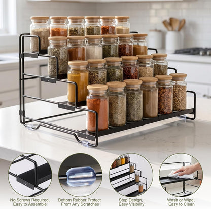Spice Rack Organizer for Cabinet, Tiered Adjustable Spice Shelf Organization, Metal Seasoning Rack for Kitchen Countertop Cupboard Pantry, Raised Edge Anti-Slip Design for Jars and Bottles