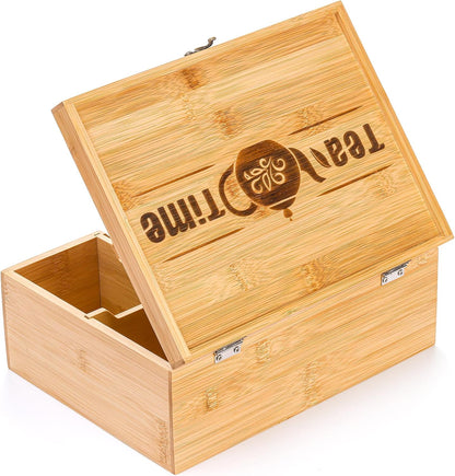 Lyellfe Tea Organizer Box, Bamboo Tea Bag Holder with Lid, Multi-purpose 6-Compartment Coffee Condiment Holder Storage Caddy for Home, Office, Café