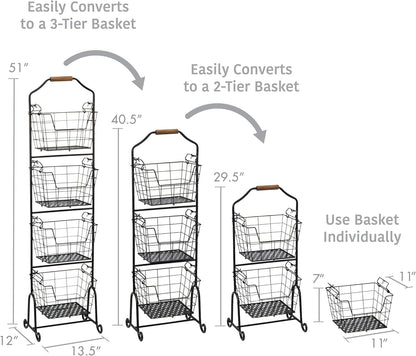 Mikasa Gourmet Basics Ferme 4-Tier Market Basket - Antique Black Wire and Acacia Wood Handle, Kitchen Fruit Vegetable Storage Organizer, 13.5 x 11.5 x 51 Inches