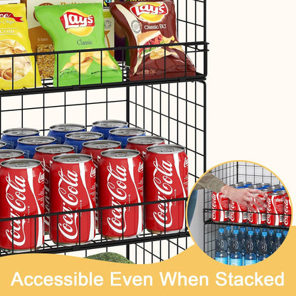 4 Pack Stackable Wire Baskets for Pantry Organizers and Storage, Pantry Baskets with Fixed Wooden Top, Fruit and Vegetable Storage Bins for Organizing Onion Potato Snack for Kitchen Cabinet/Countertop