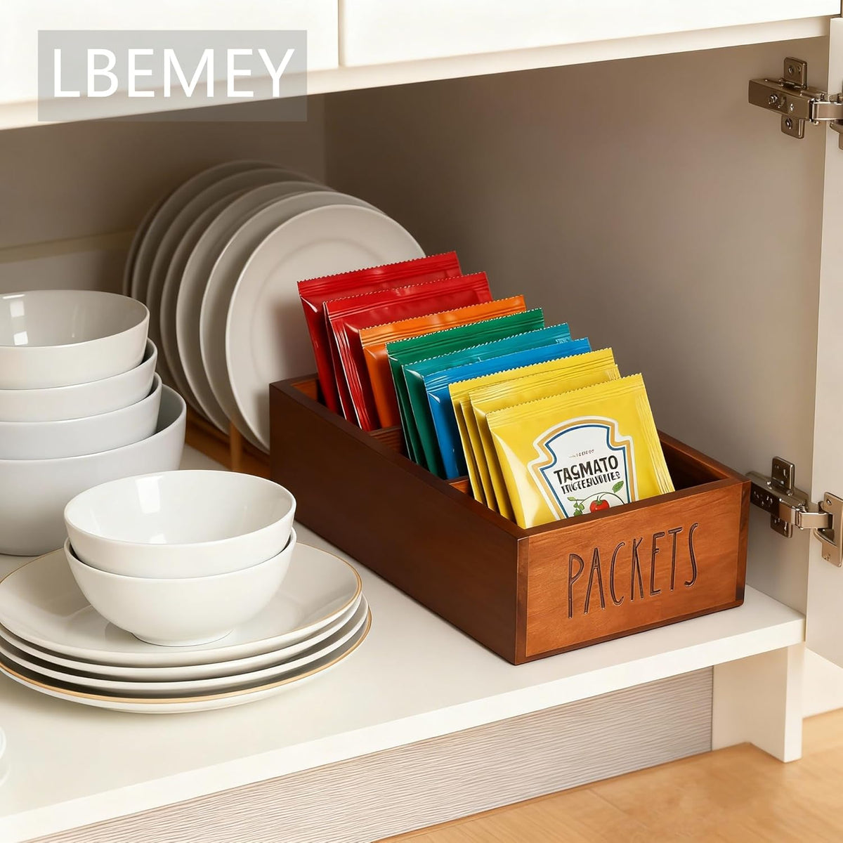 LBEMEY Packet Organizer, Acacia Wood Packet Storage Organizer with 3 Compartments,Farmhouse Kitchen Organization for Spice, Gravy, Taco, and Dressings Packets for Kitchen, Brown Labeled Packets