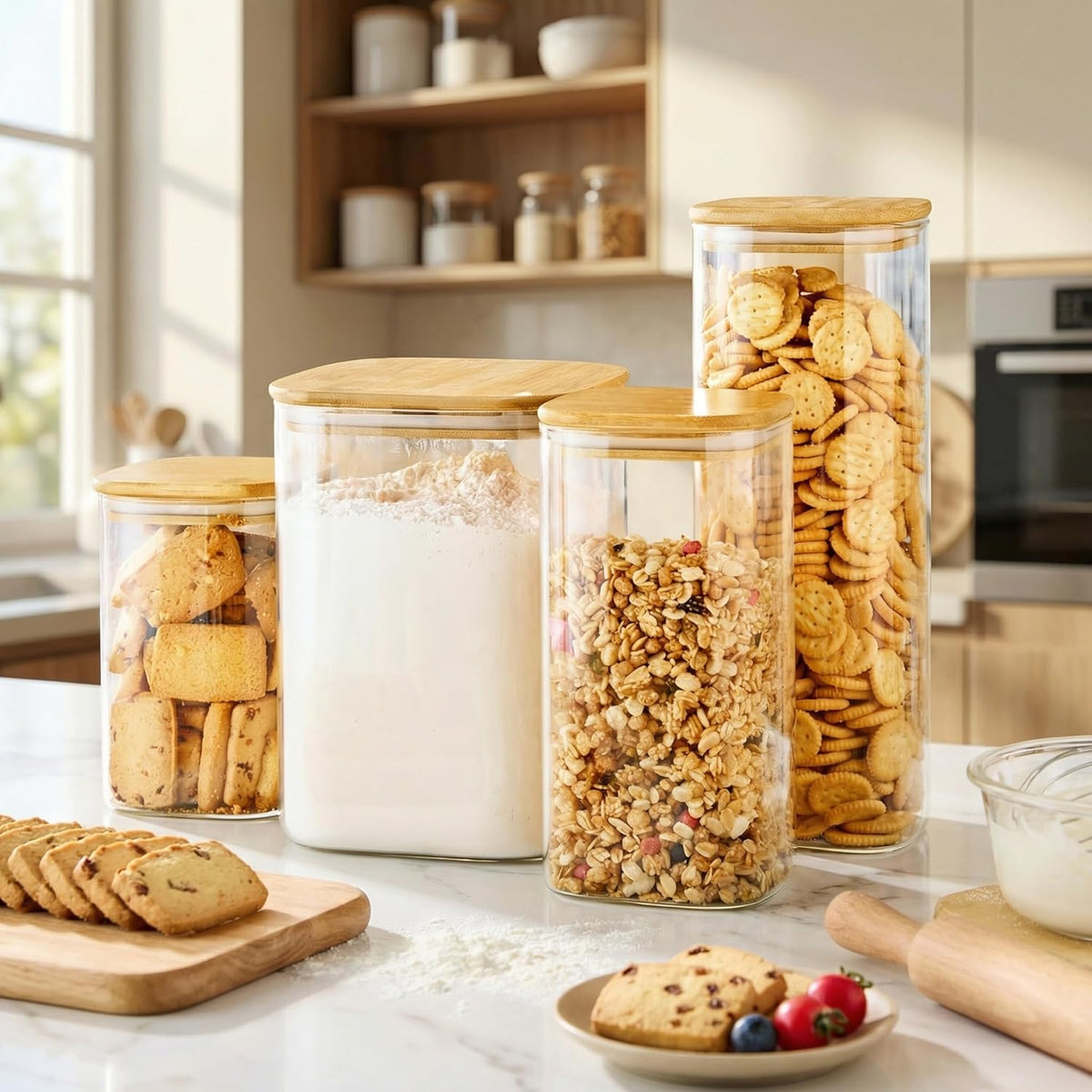 HomArtist Square Glass Jars with Bamboo Lids [Muti Size Set of 5], Glass Canisters with Airtight Lids, Glass Food Storage Containers for Pasta, Cereal, Flour, Sugar, Best for Kitchen & Pantry