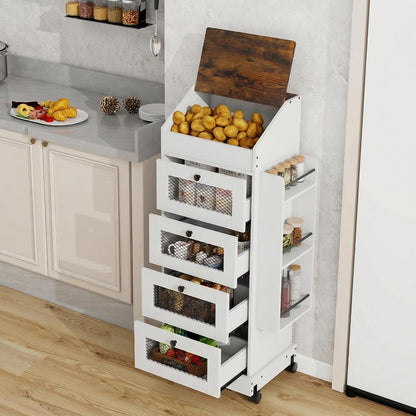 ARTETHYS Potato and Onion Storage Bin for Pantry 5-Tier Rolling Fruit and Vegetable Organizer with Spice Rack on Wheels Movable Large Bread Box Cabinet with 4 Ventilated Drawers for Kitchen, Rustic