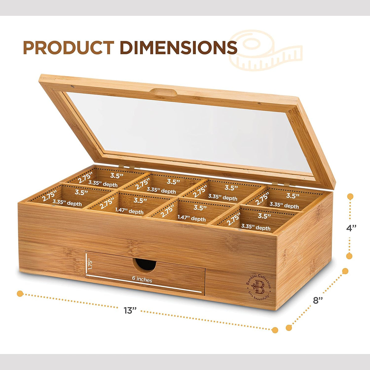 Tea Bag Organizer with Drawer - Bamboo Tea Box Organizer, 8-Compartment Tea Storage Box with Acrylic Lid and Magnetic Closure, Tea Box for Kitchen Counter, Gifts for Mom, Wife, Tea Lovers