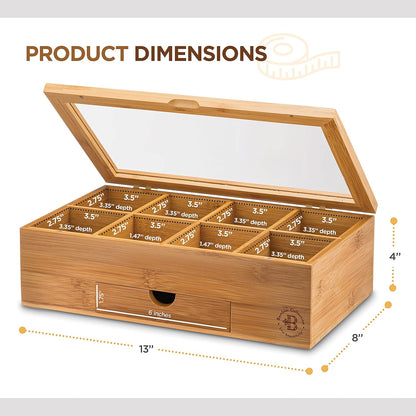 Tea Bag Organizer with Drawer - Bamboo Tea Box Organizer, 8-Compartment Tea Storage Box with Acrylic Lid and Magnetic Closure, Tea Box for Kitchen Counter, Gifts for Mom, Wife, Tea Lovers