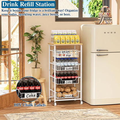 OKZEST 4-Tier Kitchen Storage Cart on Wheels – Mobile Fruit Basket Stand with Drawers & Wooden Top, Small Rolling Pantry Shelf for Potatoes, Onions, Bottled Drinks, Cans, Snacks – Includes 3 PE Liners