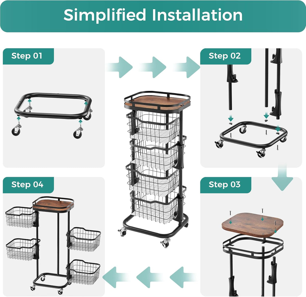 5 Tier Kitchen Fruit Vegetable Storage Cart with One-Piece Rotating Basket, Pantry Organizer Shelf Rack Floor Stand for Veggie Onion Potato Produce Spice, Rolling Snack Cart on Wheels, Black