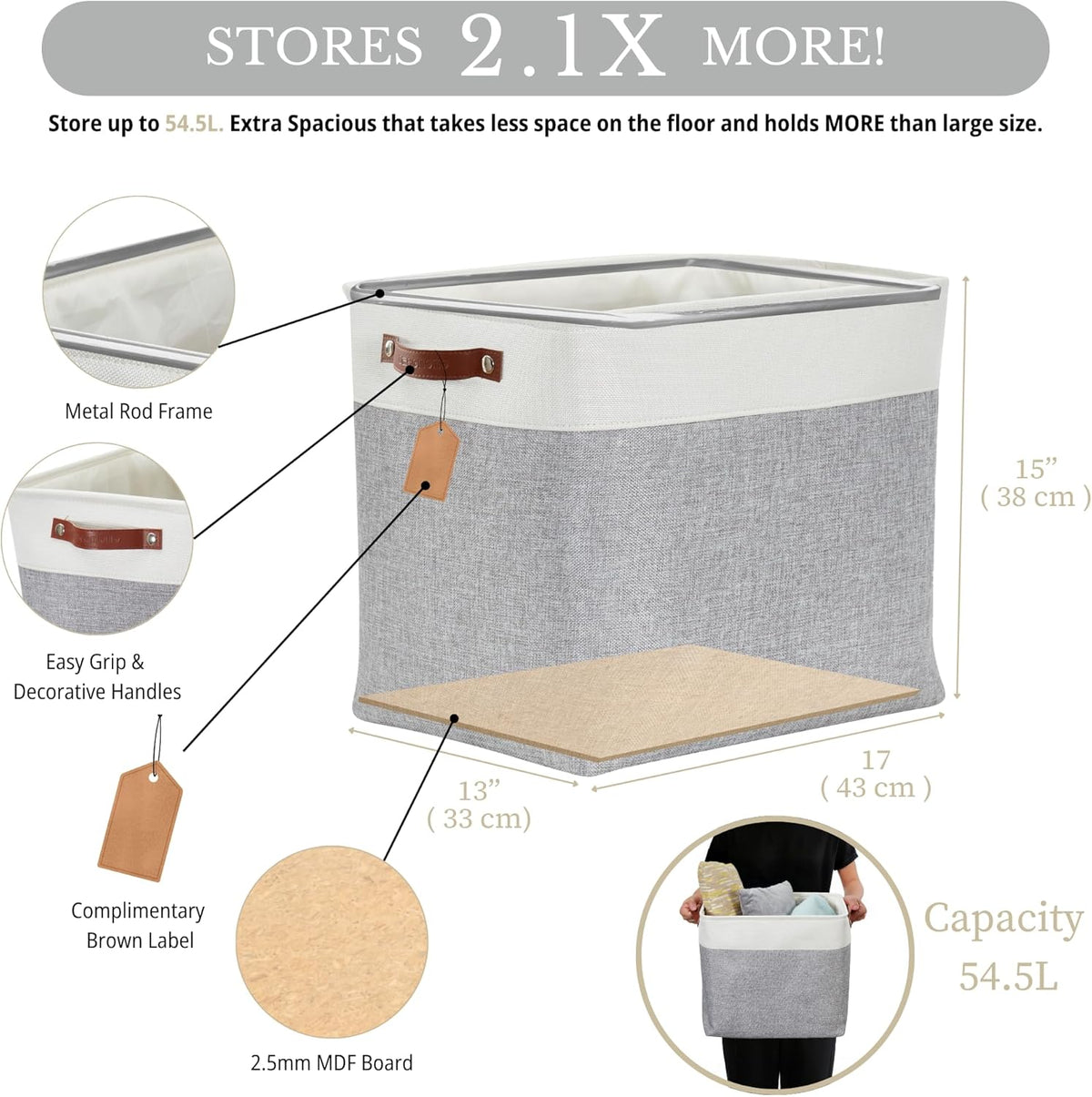 DECOMOMO Storage Bins, Large Fabric Storage Baskets for Shelves, Decorative Linen Closet Organizer, 15 x 11 x 9.5 inches (Beige & White, 3 Pack)
