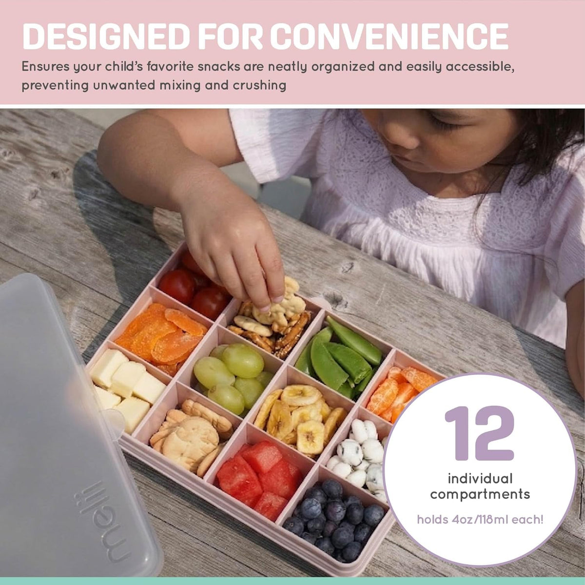 melii Snackle Box |12-Compartment Snack Container with Removable Dividers, BPA-Free Food Storage for Travel, School & On-the-Go Snacks, Kids & Family Organizer (Grey)