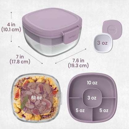 Bentgo Glass Prints Salad Container - 7.6-Cup Tinted Glass Salad Bowl with Airtight Lid, Leak-Proof Sauce Container, 4-Compartment Bento Meal Prep Tray & Reusable Fork (Floral Maximalist - Sea)