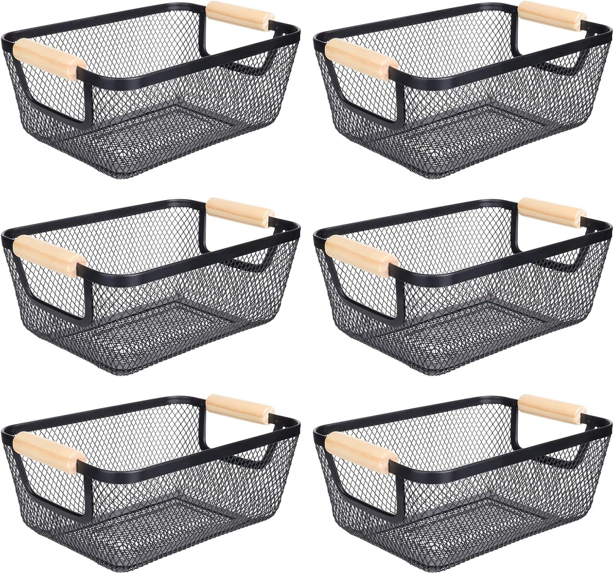 6Pack Black Wire Basket with Wooden Handle, Storage Bins for Pantry, Metal Mesh Basket for Kitchen Organization, Snack Organizer for Home Cabinet Closet Bathroom Fridge Fruit Makeup and Office