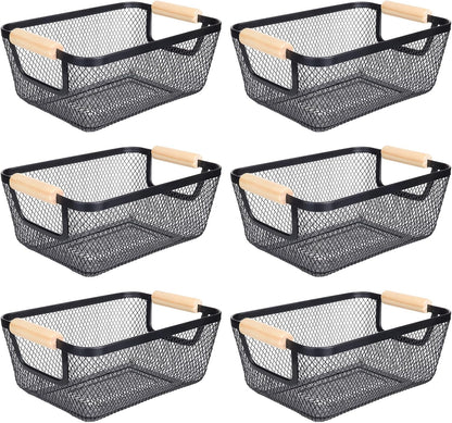 6Pack Black Wire Basket with Wooden Handle, Storage Bins for Pantry, Metal Mesh Basket for Kitchen Organization, Snack Organizer for Home Cabinet Closet Bathroom Fridge Fruit Makeup and Office