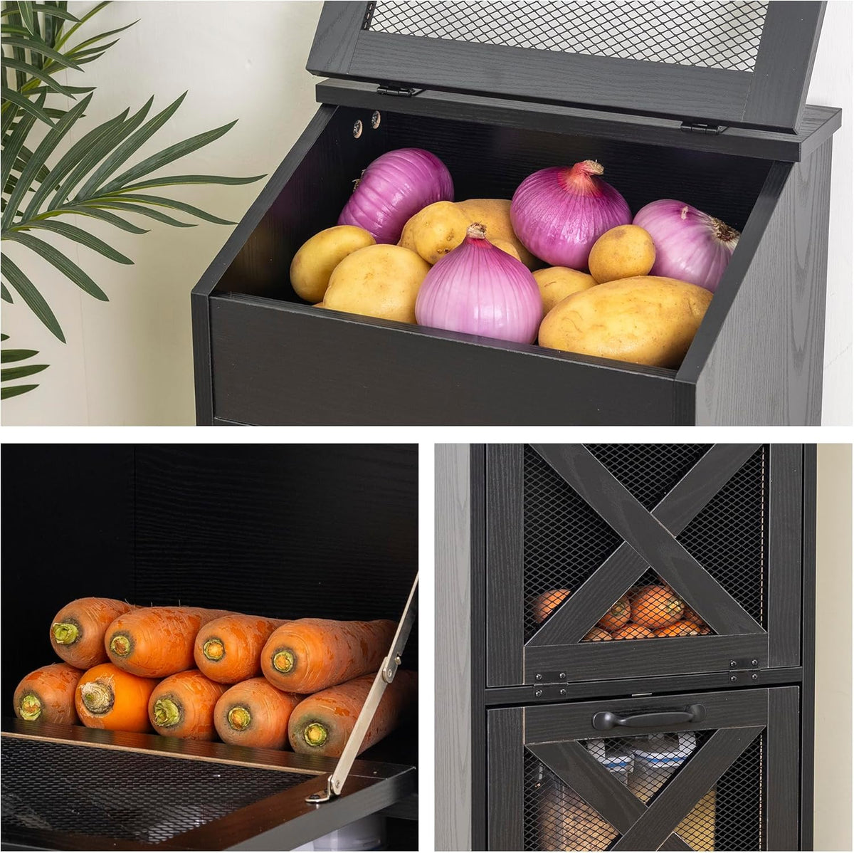 Potato Storage Bin Wooden Bread Box, Mid Century Modern Vegetable Storage Box with Lid, Farmhouse Potato and Onion Storage Cabinet for Kitchen,Brown