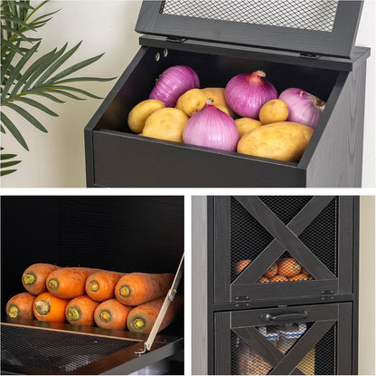 Potato Storage Bin Wooden Bread Box, Mid Century Modern Vegetable Storage Box with Lid, Farmhouse Potato and Onion Storage Cabinet for Kitchen,Brown