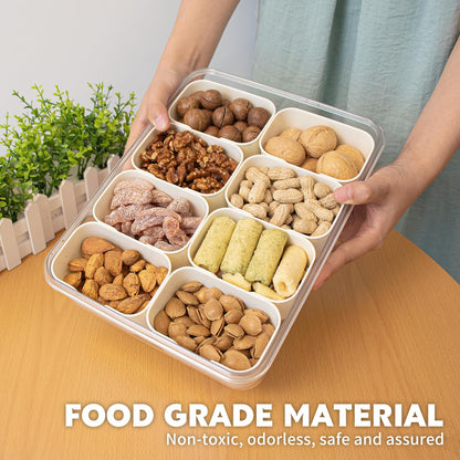 Divided Serving Tray with Lid and Handle,8 Compartments Snacks Box,Snack Fruit Tray,Veggie Tray,Portable Platter for Candy Fruits Nuts Snack Party Entertaining Picnic