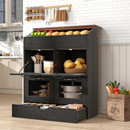 Patiorama Wood Potato and Onion Storage Bin Box with Lid, 4-Tier Farmhouse Wooden Bread Box Cabinet with 2 Mesh Doors & Rolling Drawer, Large Vegetable Storage Bin Organizer for Kitchen Pantry White
