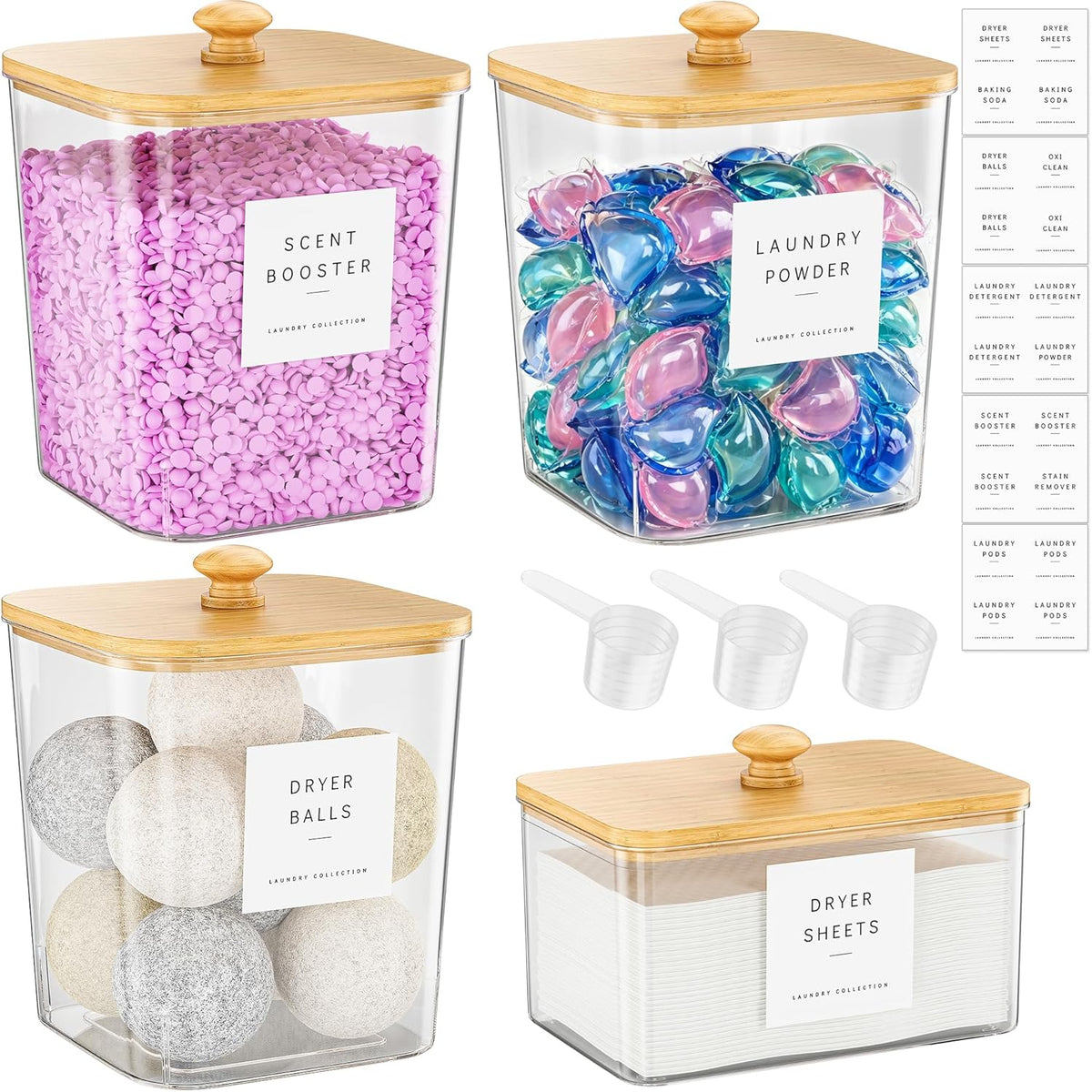 4 Pack Laundry Pods Container, Clear Laundry Room Organization Containers Essentials, Large Detergent Powder Storage Containers Black Wooden Lids & Labels Signs, Home Acrylic Laundry Pods Holder