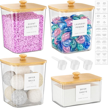4 Pack Laundry Pods Container, Clear Laundry Room Organization Containers Essentials, Large Detergent Powder Storage Containers Black Wooden Lids & Labels Signs, Home Acrylic Laundry Pods Holder