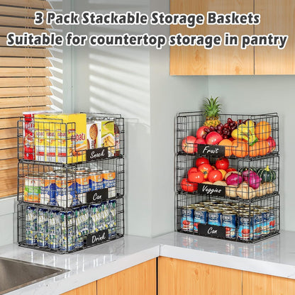 JKsmart 3 Pack XXL Stackable Wire Baskets with Handles for Pantry Storage and Organization, Fruit and Vegetable Basket with Name Plates, Metal Storage Bins for Snack Can Fruit Veggies, XXL