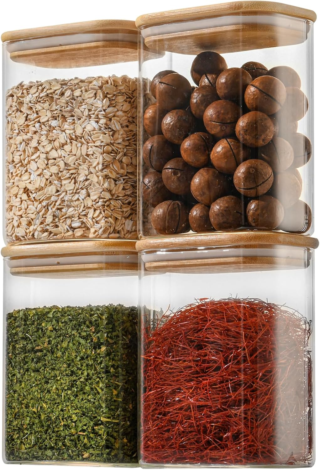D2scrma 37oz Rectangle Airtight Glass Storage Containers with Bamboo Lids (Set of 6), Square Food Storage Jar, Pantry Organizers for Cereal, Nuts, Snacks and Coffee beans (‎with Black Lable)