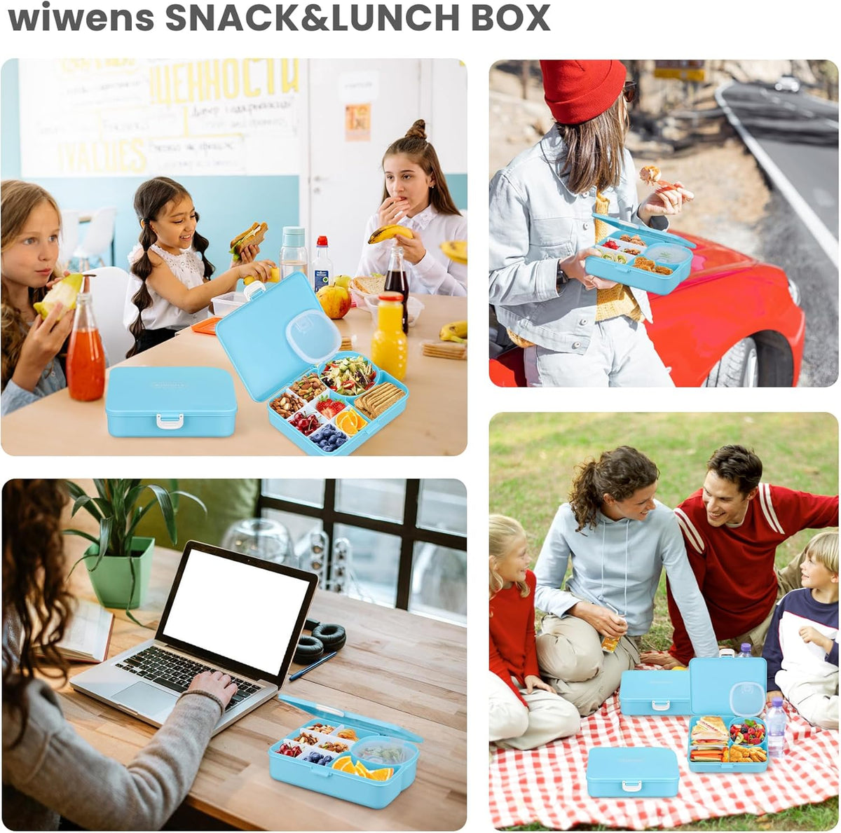 wiwens Snack Box Containers for Kids Adults 2PCS Reusable Snackle Boxes with Adjustable Dividers Airtight Snack Organizers with Compartents Toddler Bento Lunch Box LeakProof for Office,School,Outdoor
