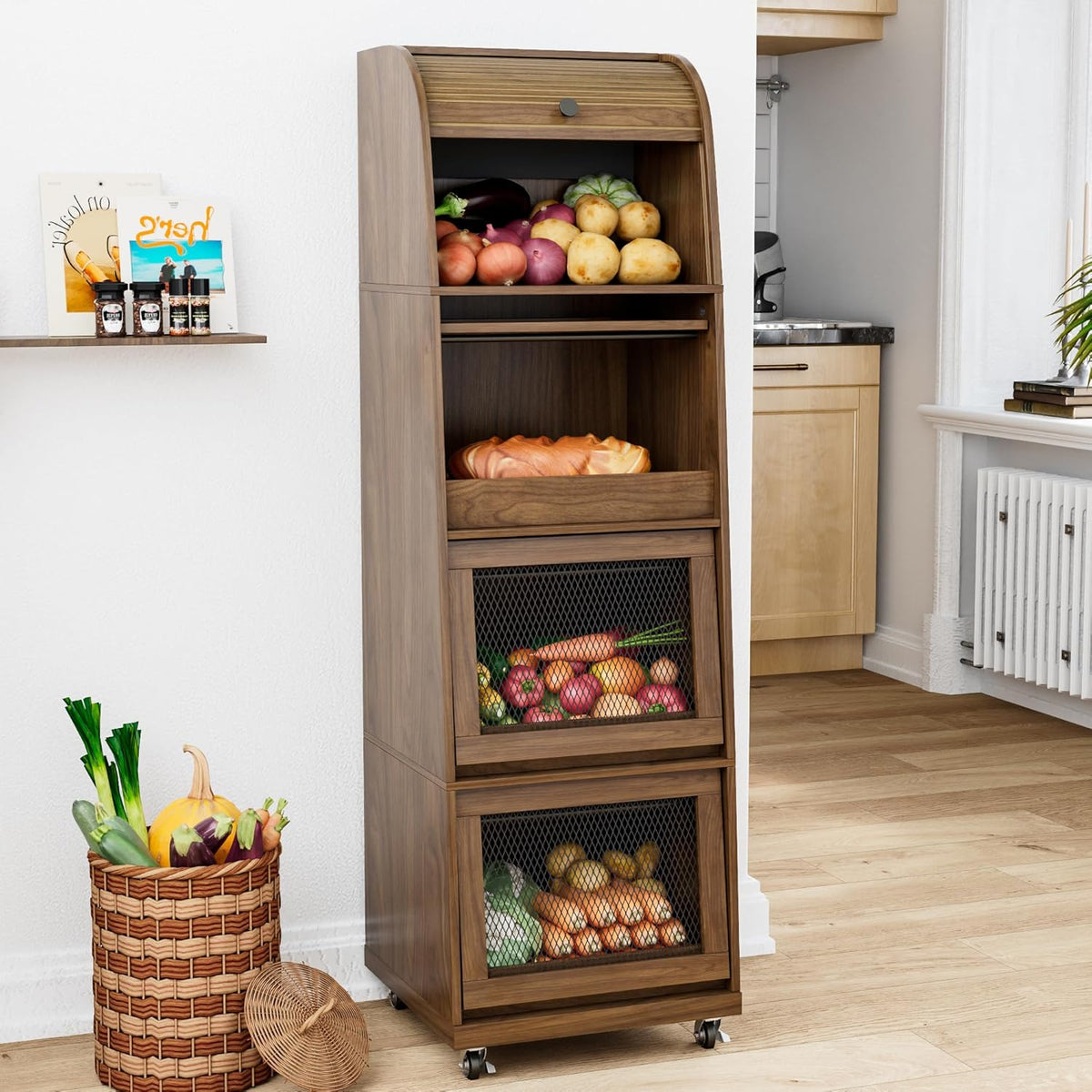 4 Tier Narrow Potato Storage Bin, Tall Wood Potato and Onion Storage Bin with Wheel, Movable Fruit and Vegetable Basket, Food Small Kitchen Pantry Cabinet, Wooden Bread Box, Walnut, Sliding Door