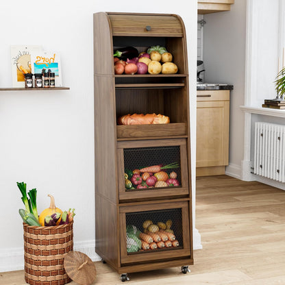 4 Tier Narrow Potato Storage Bin, Tall Wood Potato and Onion Storage Bin with Wheel, Movable Fruit and Vegetable Basket, Food Small Kitchen Pantry Cabinet, Wooden Bread Box, Walnut, Sliding Door
