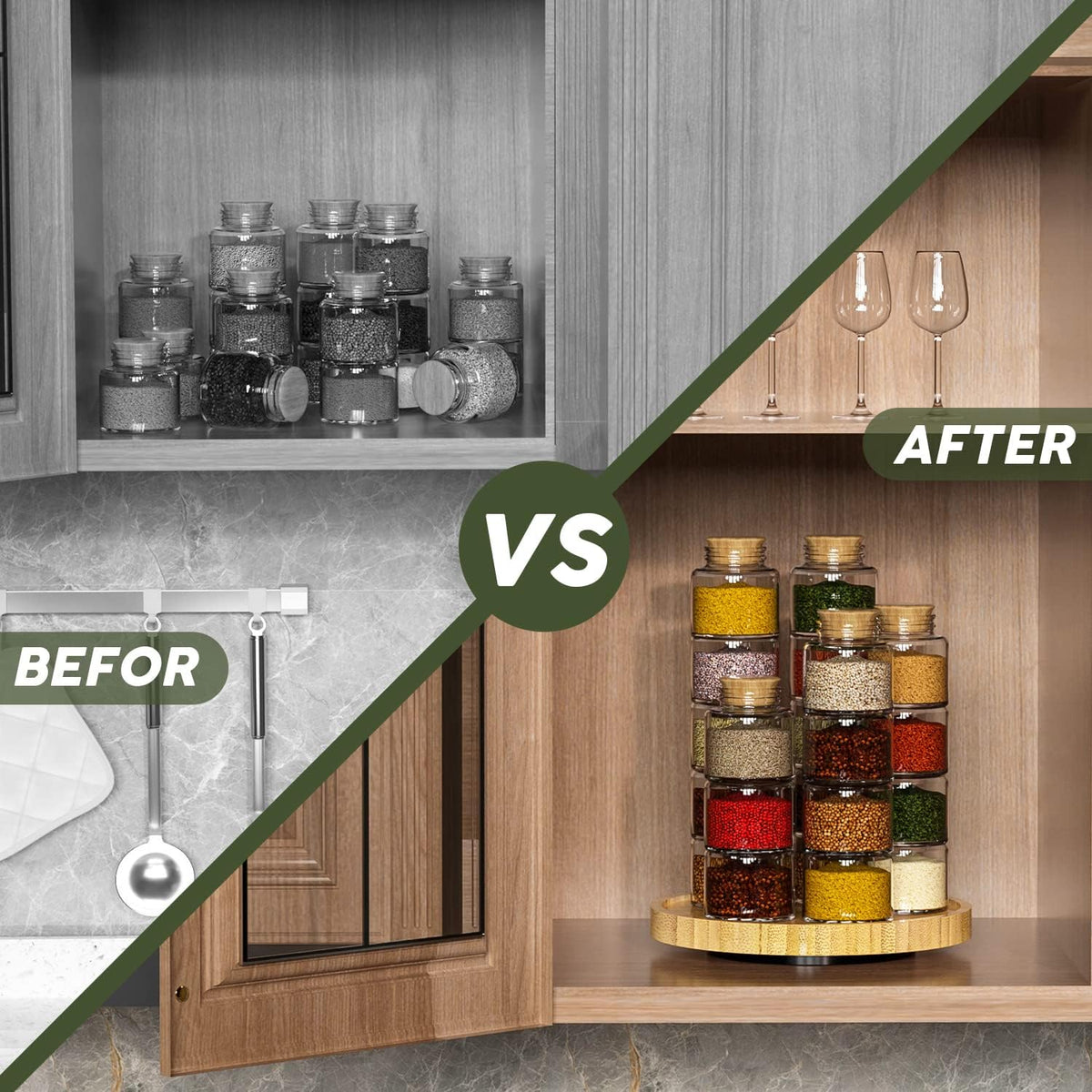 Lazy Susan Organizer, 10 Inch Non-Skid Bamboo Turntable Organizer for Salt Pepper Olive Oil and Spices Next to Stove, Wooden Lazy Susan for Table or Kitchen Countertop Organizer