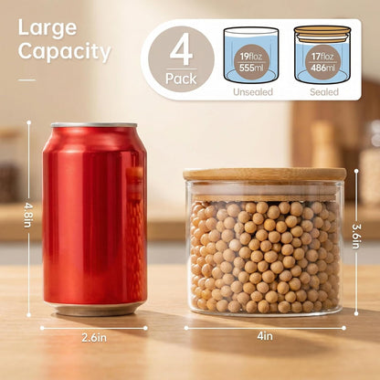 32oz - Glass Jars with Bamboo Lids, Glass Pantry Storage Containers with Airtight Lids, Round Air Tigh Food Storage Canisters for Cereal, Pasta, Flour, Sugar, Rice, Best for Kitchen Organizer