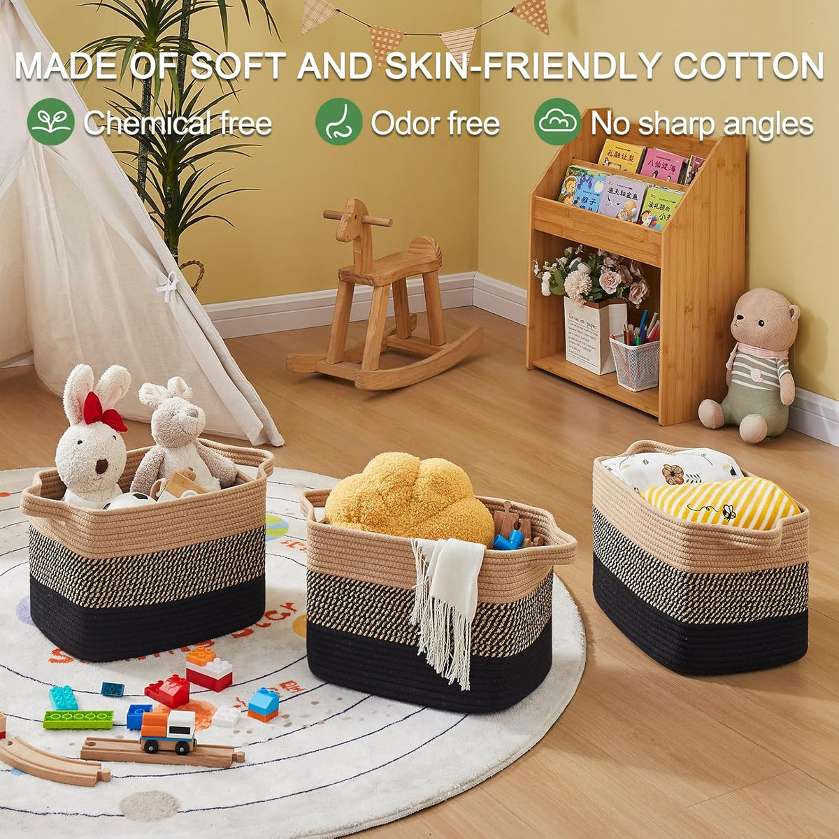OIAHOMY Storage Basket, Woven Baskets for Storage, Cotton Rope Basket for toys,Towel Baskets for Bathroom - Pack of 3, Gradient Yellow