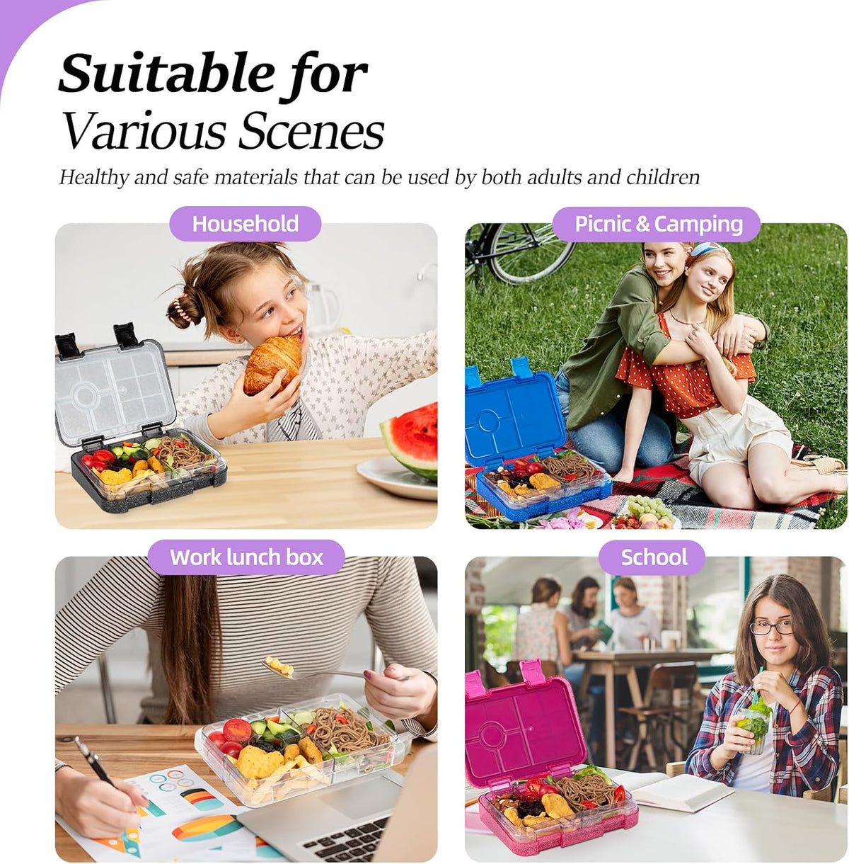 Bento Lunch Box for Kids, 6 Compartments BPA Free, Dishwasher Safe Back to School Snack Bento Lunch Containers Boxes, Ideal Portion Sizes for On-the-Go Meal, Ages 3+, School, Green Patterned
