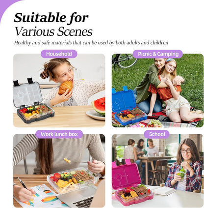 Bento Lunch Box for Kids, 6 Compartments BPA Free, Dishwasher Safe Back to School Snack Bento Lunch Containers Boxes, Ideal Portion Sizes for On-the-Go Meal, Ages 3+, School, Green Patterned