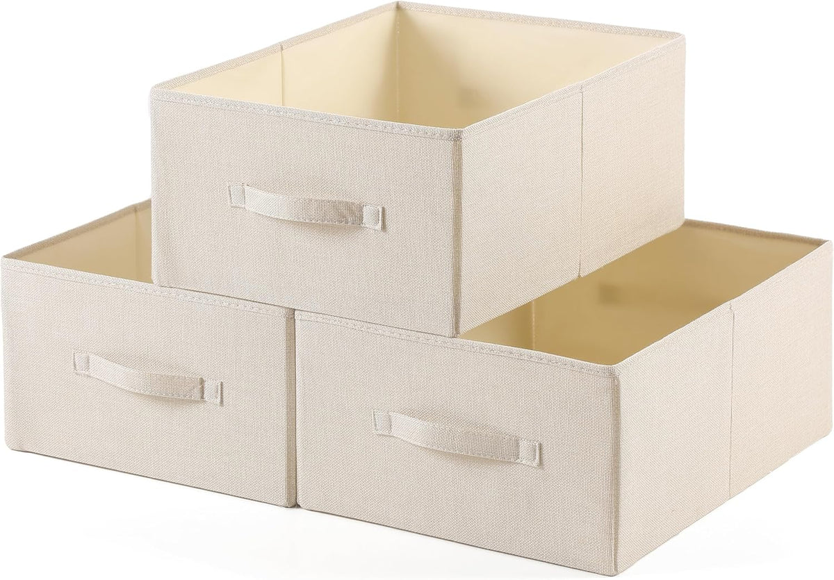 Linen Folding Storage Bins, 3 Pack Large Storage Baskets, Washable, Clothing Storage Bins with Handle, Closet Organizer for Storage Sweater,Sheets(Beige, 18½"x11 x8½)