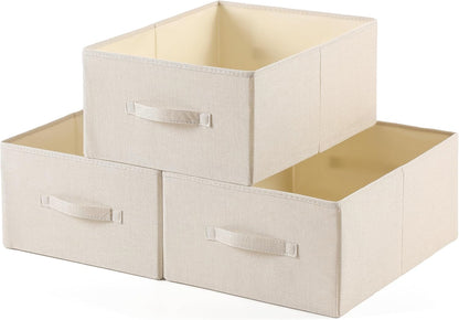 Linen Folding Storage Bins, 3 Pack Large Storage Baskets, Washable, Clothing Storage Bins with Handle, Closet Organizer for Storage Sweater,Sheets(Beige, 18½"x11 x8½)