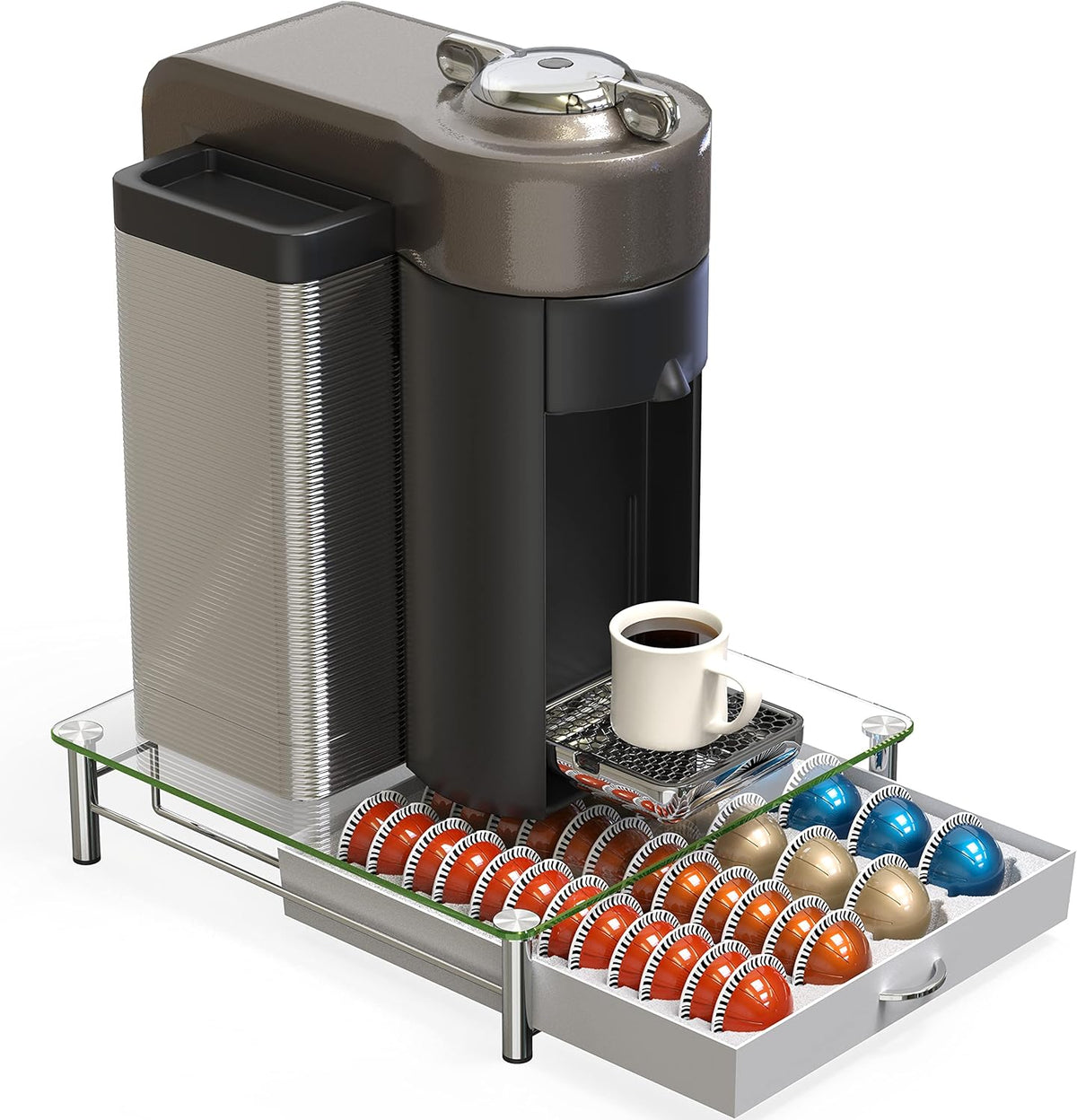 DecoBrothers Crystal Tempered Glass Vertuo Pod Holder Drawer, 24 Large or 48 Small Nespresso Capsule Organizer