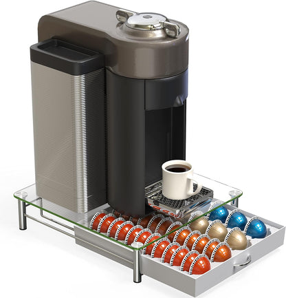 DecoBrothers Crystal Tempered Glass Vertuo Pod Holder Drawer, 24 Large or 48 Small Nespresso Capsule Organizer