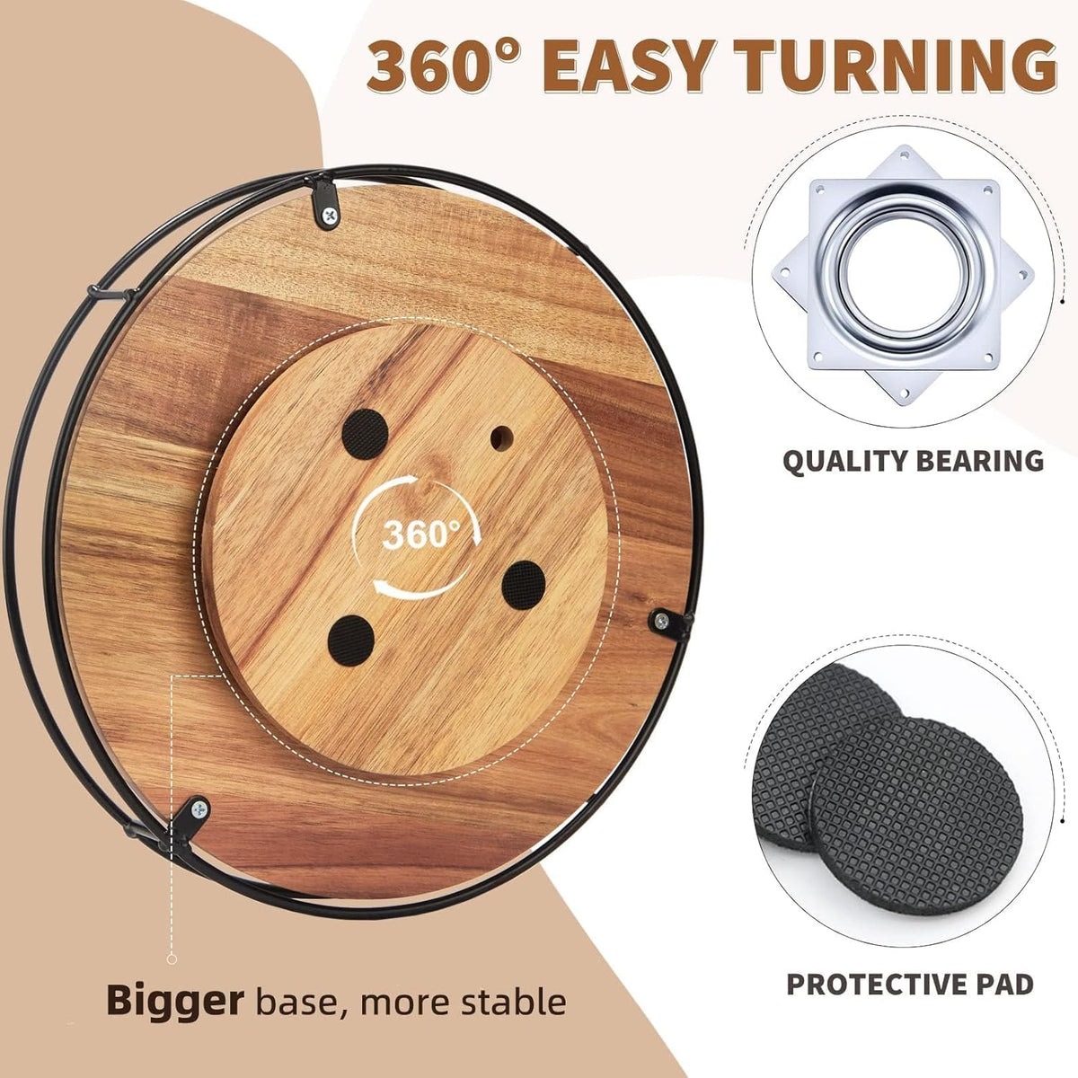 9" Acacia Wood Lazy Susan Turntable, Tomoaza Kitchen Organizer Turntable with Steel Sides, 360 Degree Lazy Susan for Countertop Cabinet or Dining Table