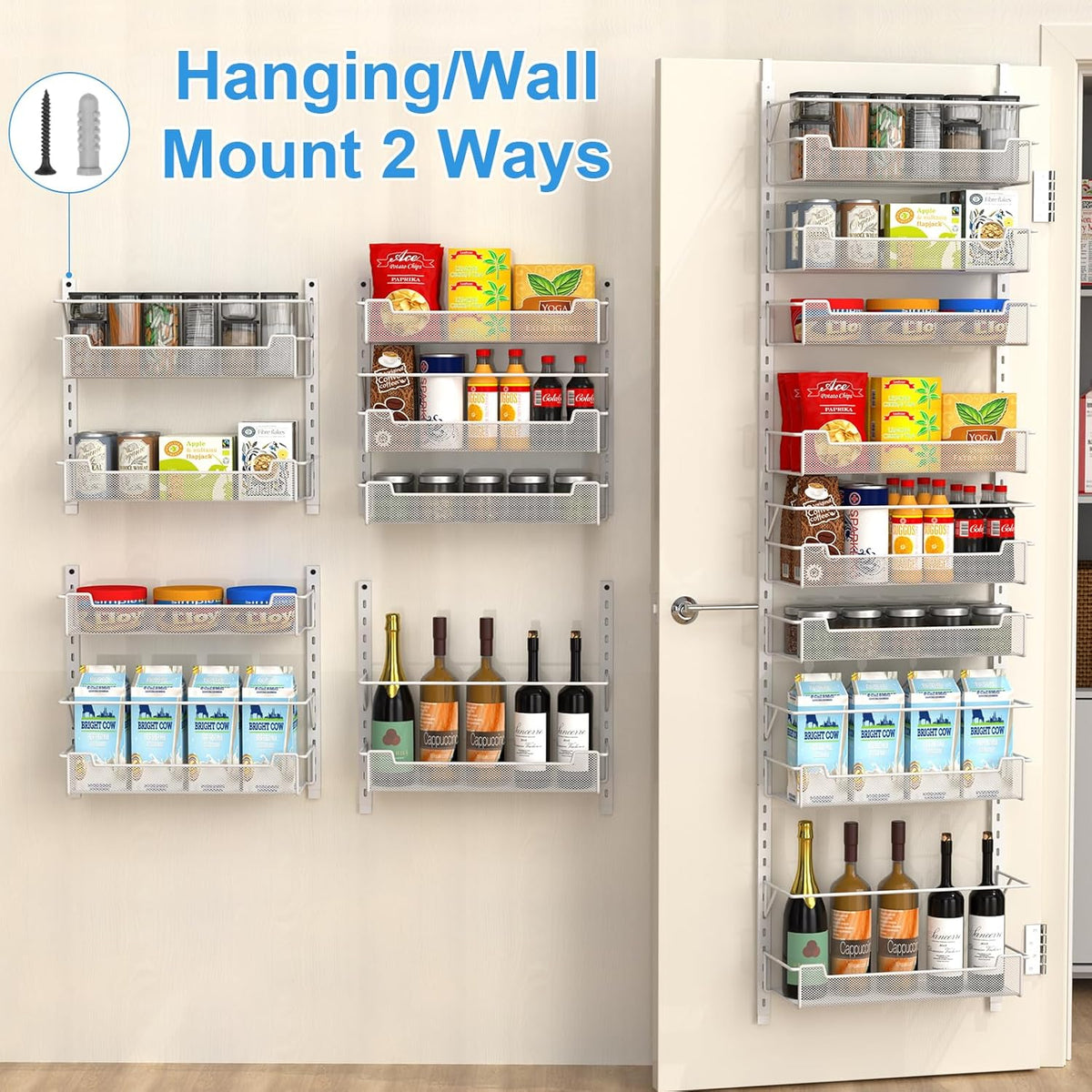 VyGrow 12.3" W Narrow Over the Door Pantry Organizer, 6-Tier Over the Door Organizer with Adjustable Basket, Pantry Door Organization for Pantry Kitchen Storage Room Spice Rack, White