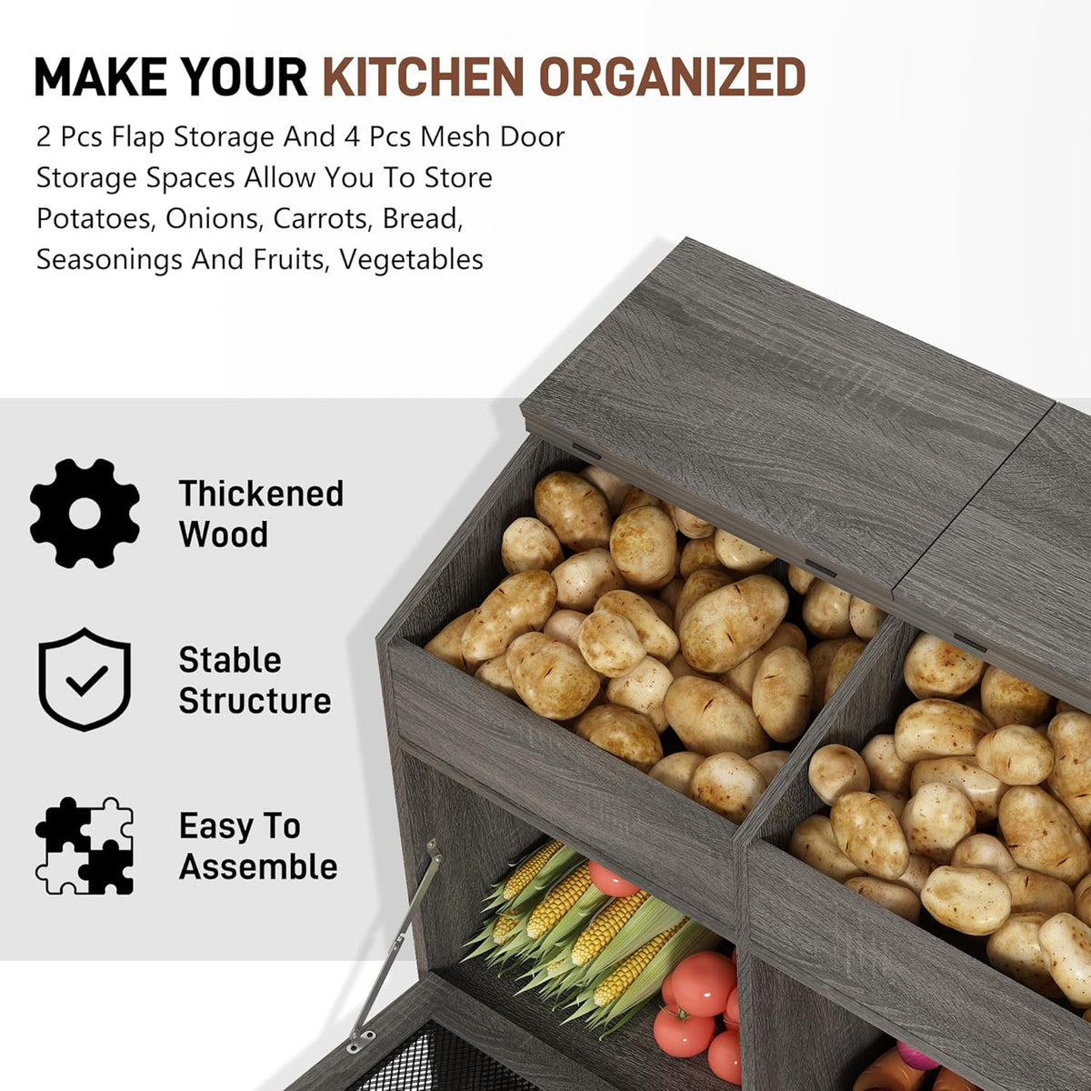 Potato And Onion Storage Bin with Lid,Veggie Bin W/6 Large Storage Box.Root Vegetable Storage Box For Kitchen,Farmhouse Potato Storage Bin W/4 Mesh Doors,Bread Keeper for Toast,Bagel,Donut,Cookies