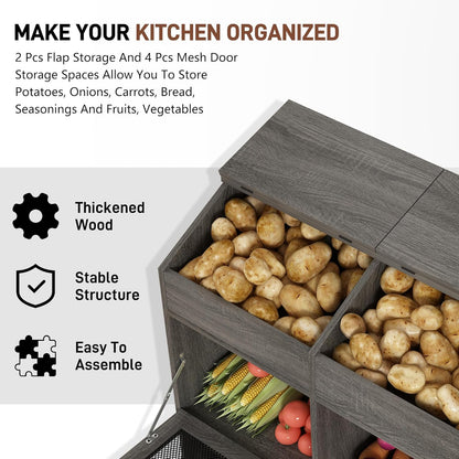 Potato And Onion Storage Bin with Lid,Veggie Bin W/6 Large Storage Box.Root Vegetable Storage Box For Kitchen,Farmhouse Potato Storage Bin W/4 Mesh Doors,Bread Keeper for Toast,Bagel,Donut,Cookies