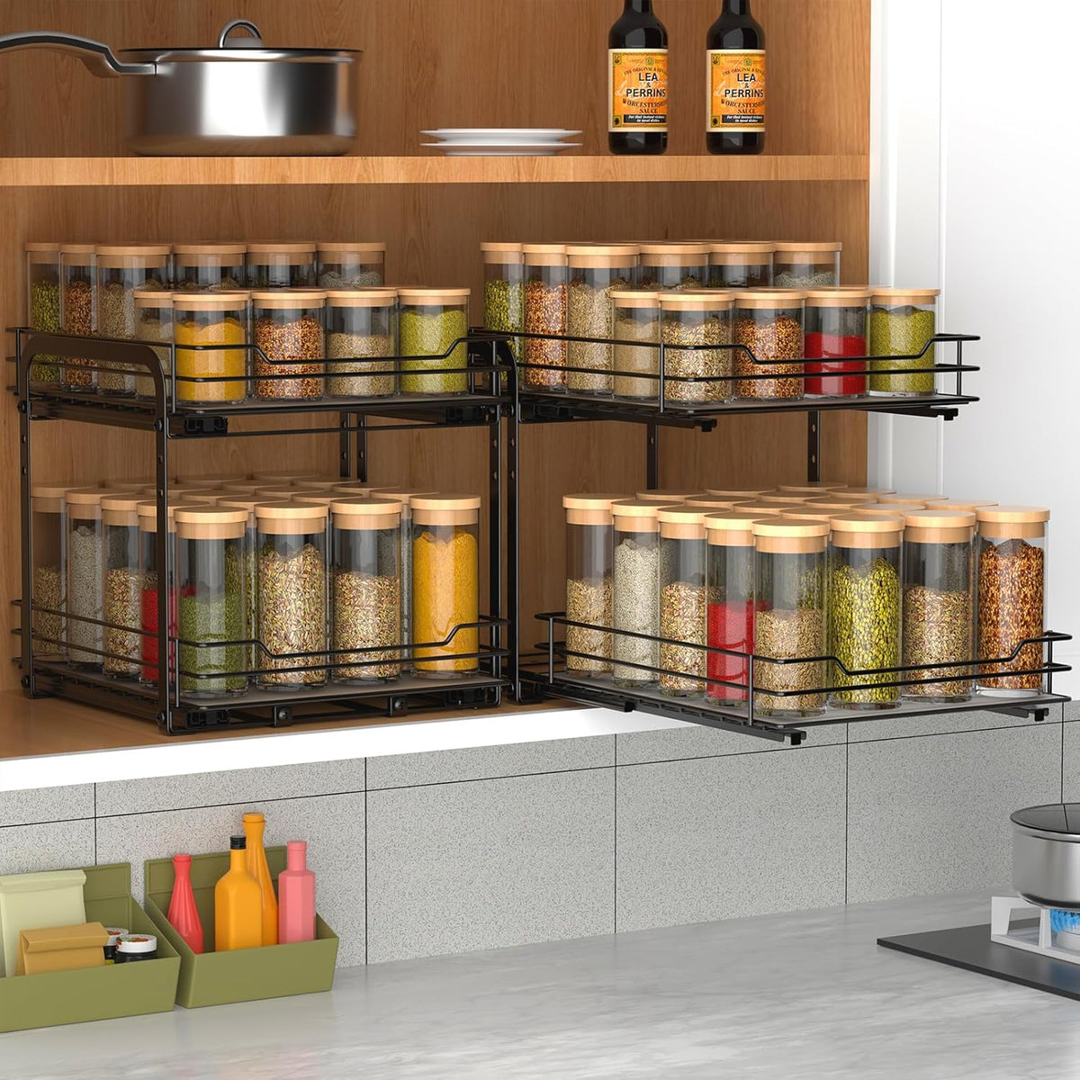 BOIVSHI 2-Tier Spice Rack, Pull Out Cabinet Organizer Spice Racks Height Adjustable Heavy Duty Metal Basket for Inside Cabinets & Pantry Closet(9.5''Wx10.5''Dx9.5''H)