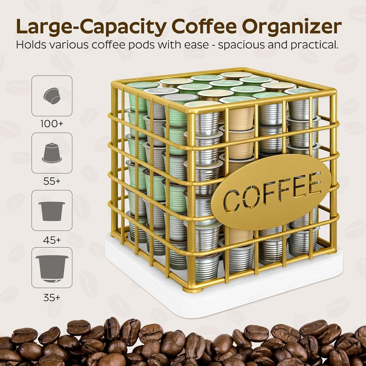 YATINEY Coffee Pod Holder for K Cup, Large Capacity Coffee Pod Organizer, Versatile Coffee Capsule Storage Basket with Wooden Base, White KH10WN