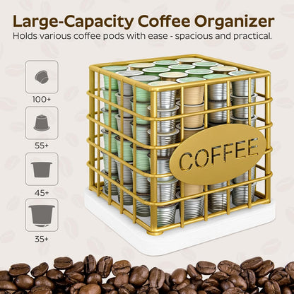 YATINEY Coffee Pod Holder for K Cup, Large Capacity Coffee Pod Organizer, Versatile Coffee Capsule Storage Basket with Wooden Base, White KH10WN