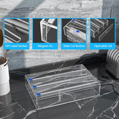 Tin Foil Organizer for Drawer with 12 Labels, Plastic Wrap Dispenser with Cutter, 3 in 1 Acrylic Aluminum Foil Holder, 2 Drawer Organizer for Kitchen Compatible with 12" Roll
