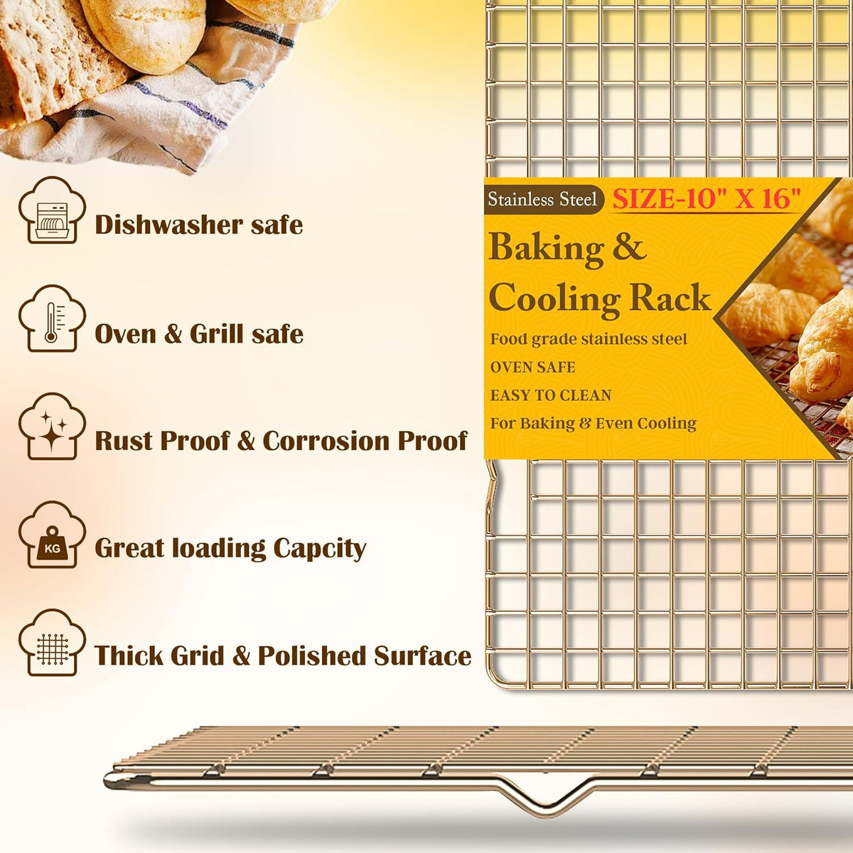 2PCS Cooling Racks for Cooking and Baking - 10" x 15"Heavy Duty Stainless Steel Wire Rack for Baking, Grilling, Roasting - Oven & Dishwasher Safe - Fits Jelly Roll Sheet Pan-Silver